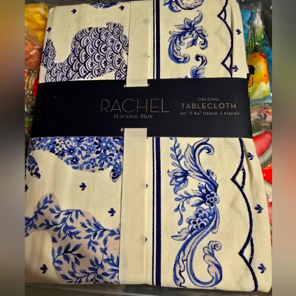 Rachel Roy Tablecloth Bunny Rabbit Pattern Blue 60 x 84 in Easter